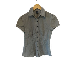 R Petites Striped Button Up Blouse Womens Petite Small Black White Short Sleeve